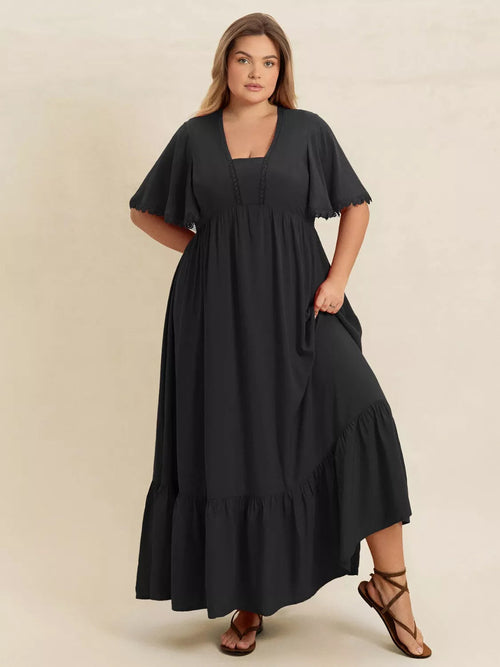 Plus Size Boho Ruffled Maxi Dress with Flutter Sleeves