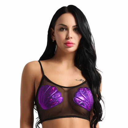 Women Sheer Mesh Mermaid Sea Shell Crop Tank Top Corset Sexy Clubwear Nightwear Spaghetti Straps Vest Crop Top Raves Party Dance