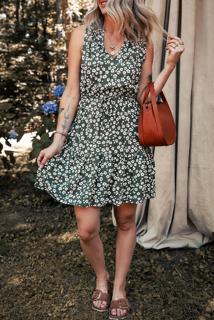 Green Boho Floral Print V Neck Tunic Sleeveless Dress Dear-Lover Dropshipping