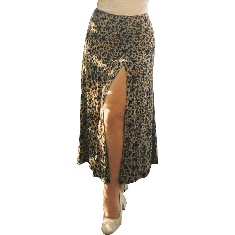 European And American Leopard Print Long Skirt High Waist Slit Hip Skirt