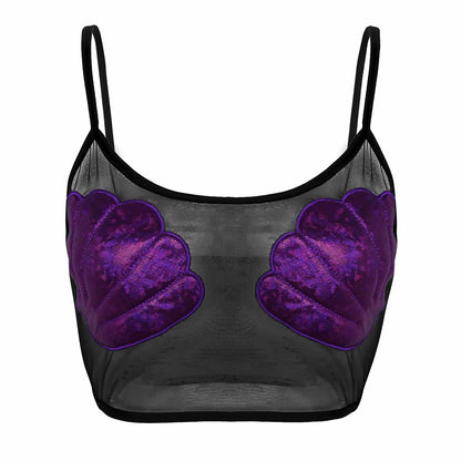 Women Sheer Mesh Mermaid Sea Shell Crop Tank Top Corset Sexy Clubwear Nightwear Spaghetti Straps Vest Crop Top Raves Party Dance