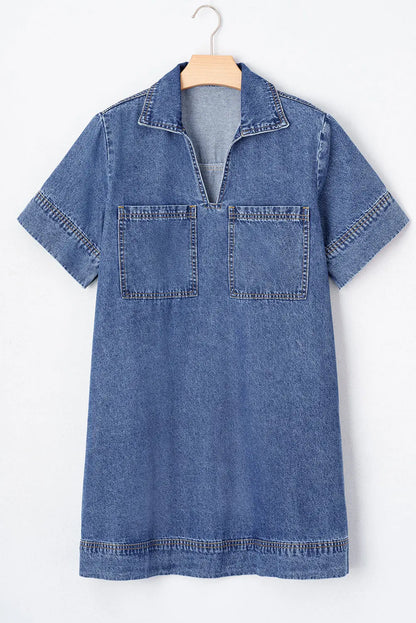 Blue Short Sleeve Collared Patched Pocket Denim Mini Dress Dear-Lover Dropshipping