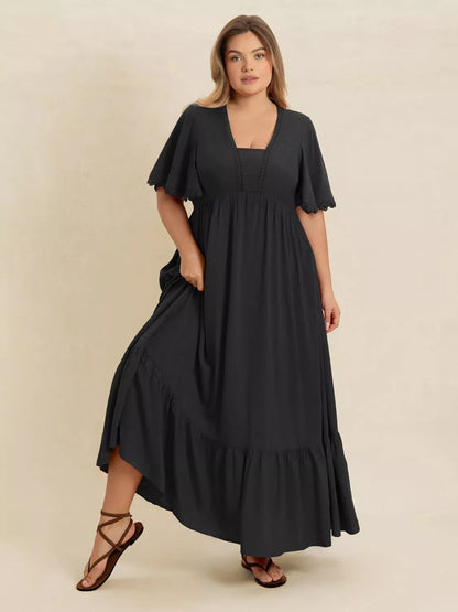 Plus Size Boho Ruffled Maxi Dress with Flutter Sleeves