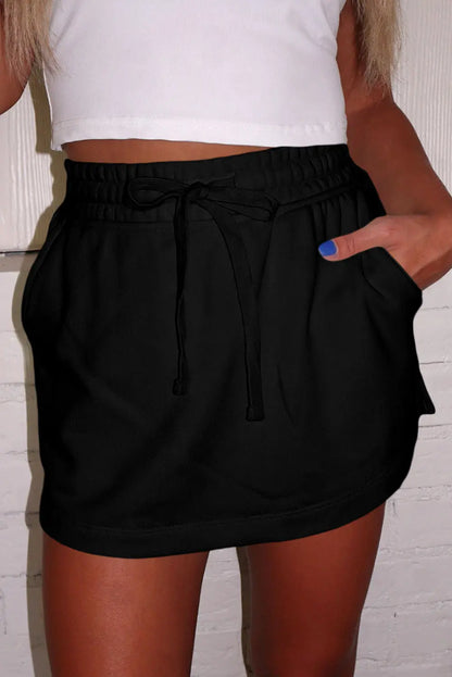 Black French Terry Drawstring Elastic Waistband Mini Skort with Pockets Dear-Lover Dropshipping
