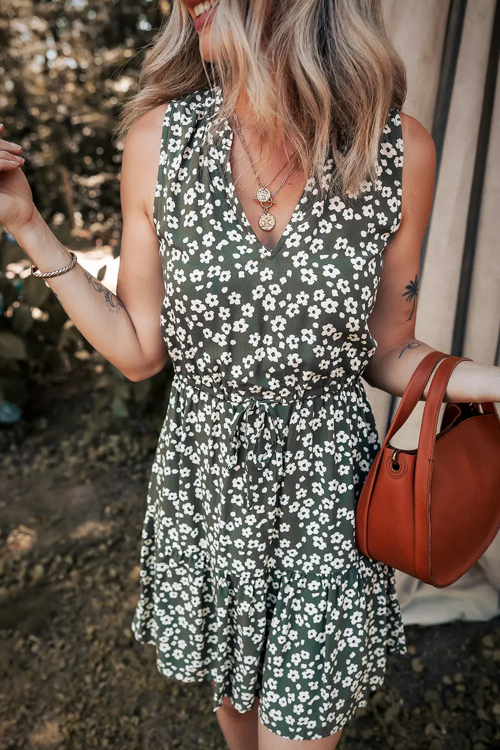 Green Boho Floral Print V Neck Tunic Sleeveless Dress Dear-Lover Dropshipping