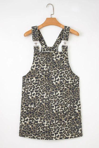 Gray Leopard Print Pocketed Loose Fit Denim Overall Dress Dear-Lover Dropshipping