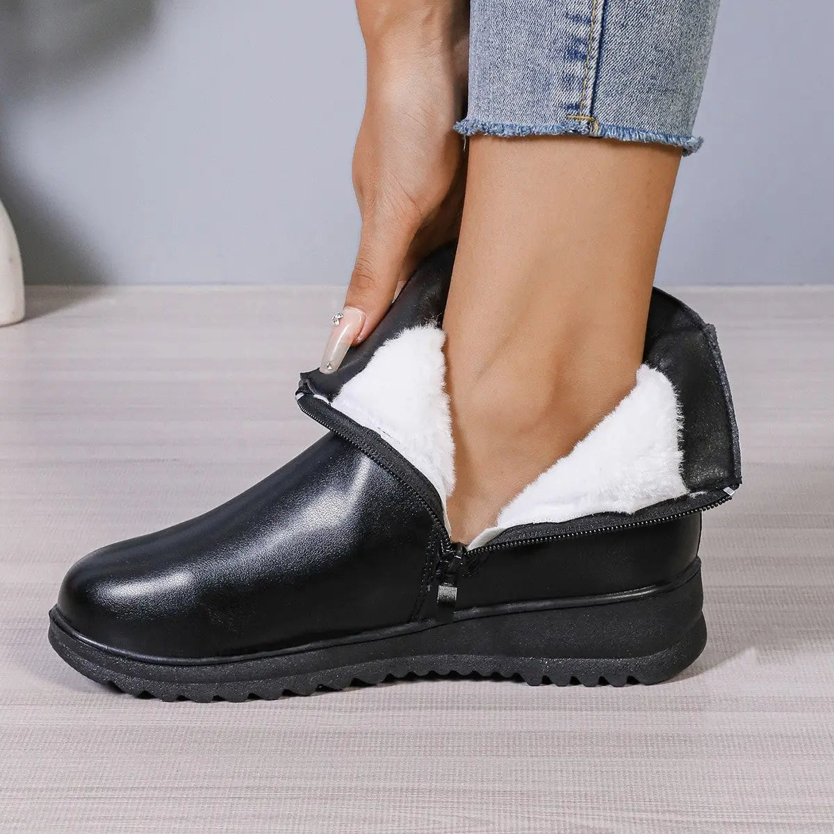 Winter Fleece Boots With Side Zipper Design Fashion Simple Non-slip Ankle Boots For Women Warm Pu Leather Shoes My Store