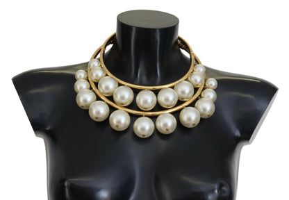 Dolce & Gabbana White Faux Pearl Embellished Brass Choker Necklace