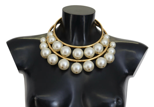 Dolce & Gabbana White Faux Pearl Embellished Brass Choker Necklace