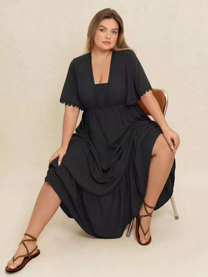 Plus Size Boho Ruffled Maxi Dress with Flutter Sleeves