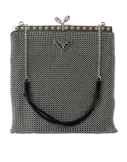 Prada Gray Chain Metal Mesh Logo Plaque Bandoliera Shoulder Bag