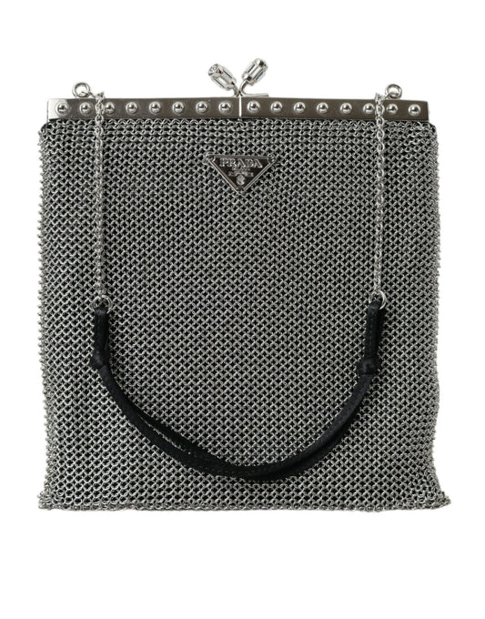 Prada Gray Chain Metal Mesh Logo Plaque Bandoliera Shoulder Bag
