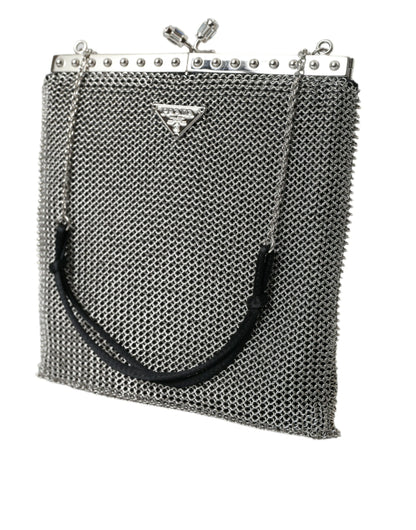 Prada Gray Chain Metal Mesh Logo Plaque Bandoliera Shoulder Bag