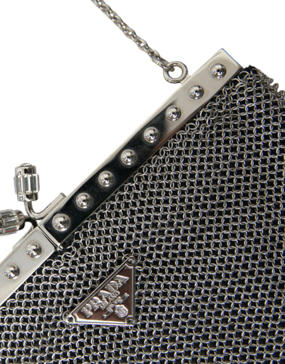 Prada Gray Chain Metal Mesh Logo Plaque Bandoliera Shoulder Bag