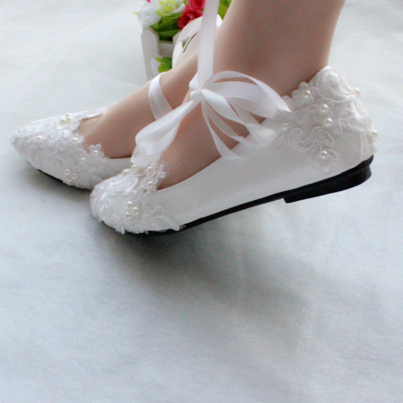 White flat lace wedding bridal shoes