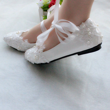 White flat lace wedding bridal shoes