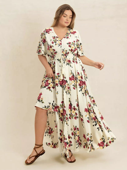 Plus Size Floral Flutter Sleeve Maxi Dress with Button Front