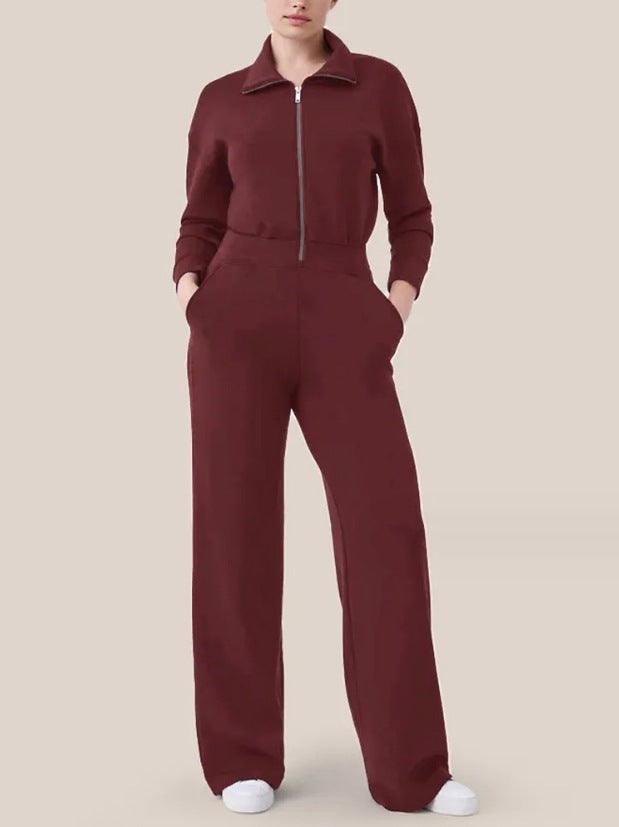 Zipper And Lapel Sweater Suit For Women