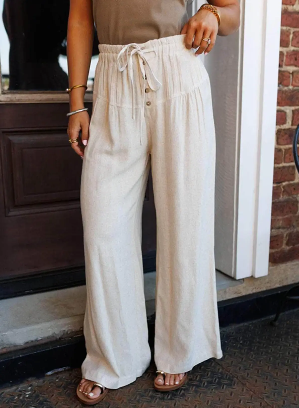 Jet Stream Drawstring Elastic Waist Button Pleated Detail Wide Leg Pants Dear-Lover Dropshipping