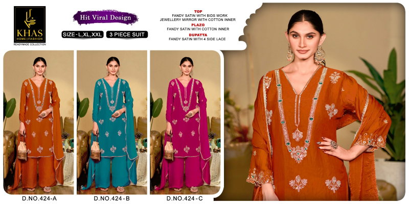 Khas 424 A To C Fandy Satin Embroidery Salwar Kameez 