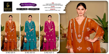 Khas 424 A To C Fandy Satin Embroidery Salwar Kameez 