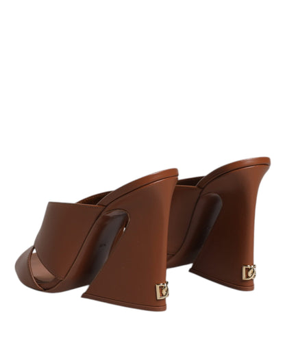 Dolce & Gabbana Brown Logo KEIRA Leather Slides Sandals Shoes