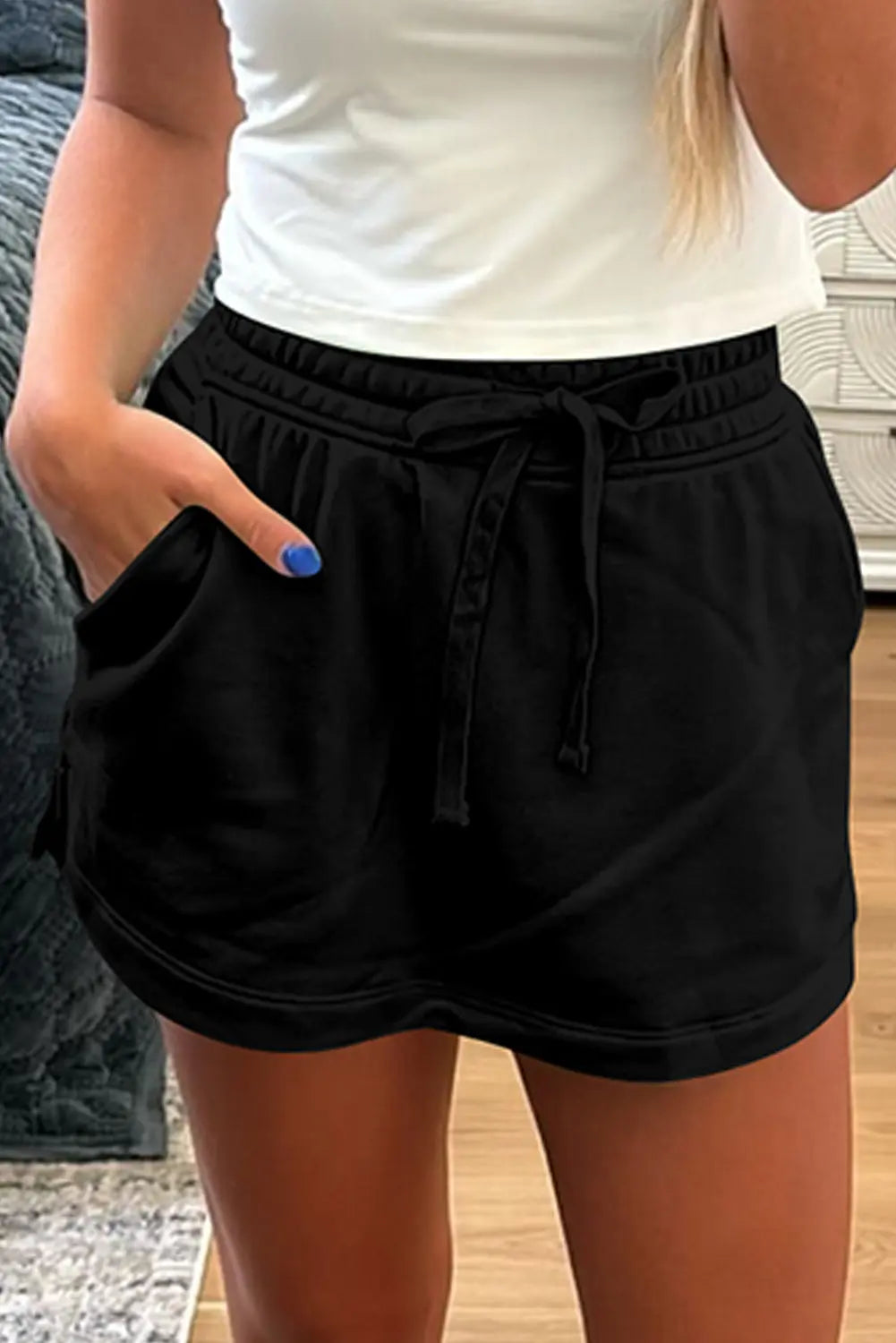 Black French Terry Drawstring Elastic Waistband Mini Skort with Pockets Dear-Lover Dropshipping