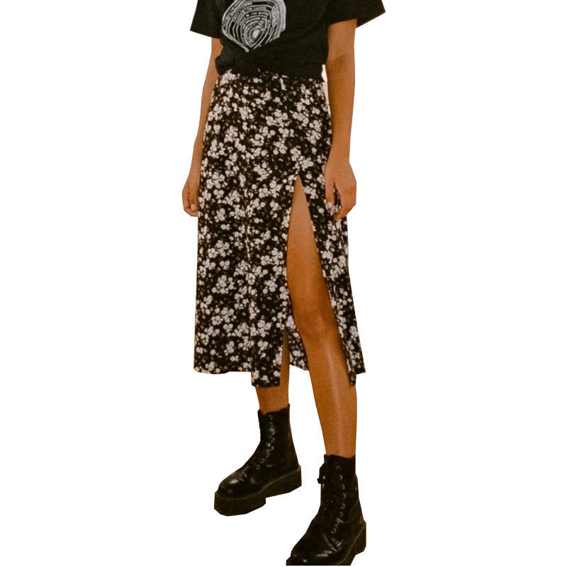 European And American Leopard Print Long Skirt High Waist Slit Hip Skirt