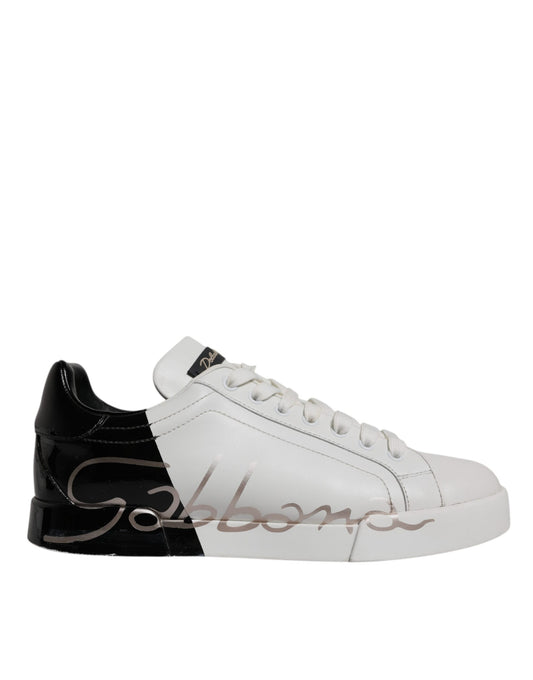 Dolce & Gabbana White Black Logo Portofino Sneakers Shoes