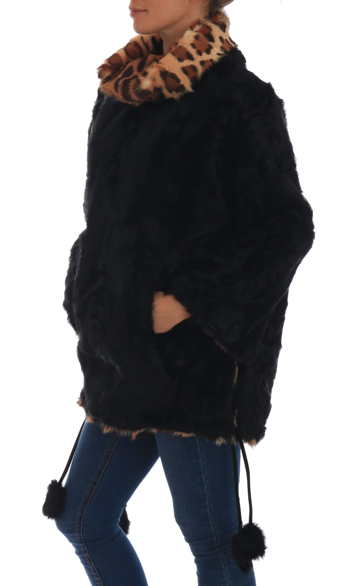 Dolce & Gabbana Black Lamb Leopard Print Fur Coat Jacket