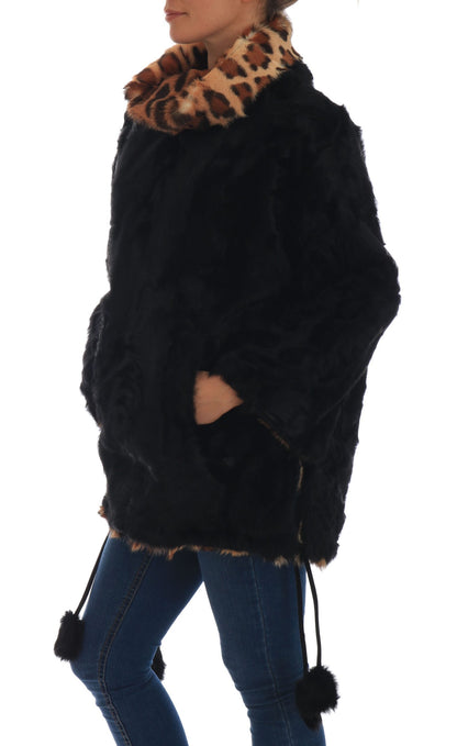 Dolce & Gabbana Black Lamb Leopard Print Fur Coat Jacket