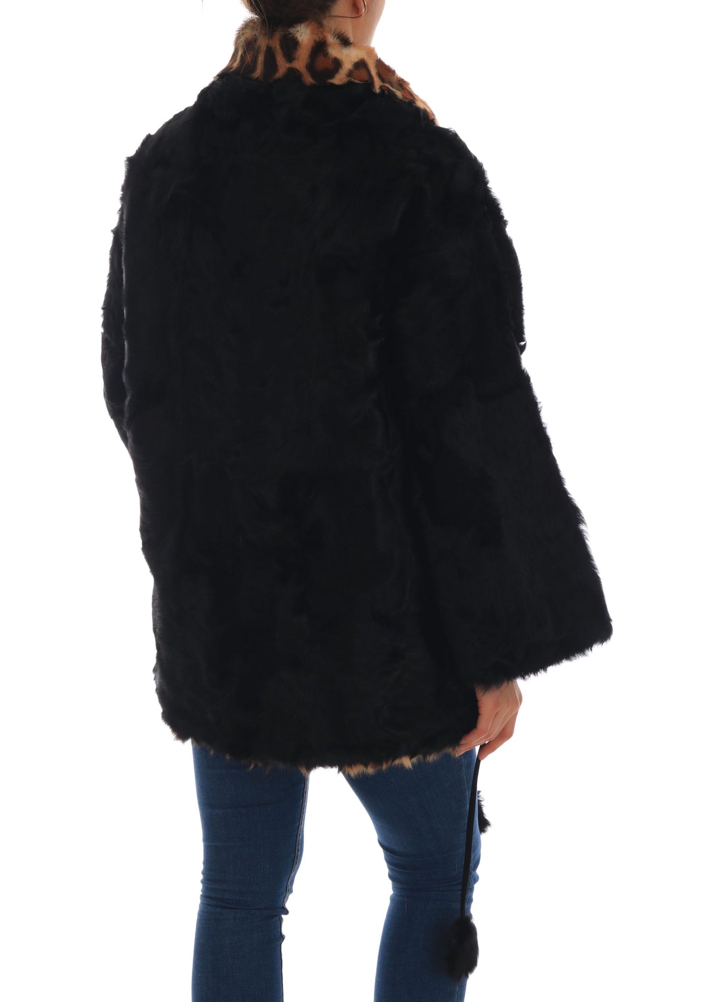 Dolce & Gabbana Black Lamb Leopard Print Fur Coat Jacket