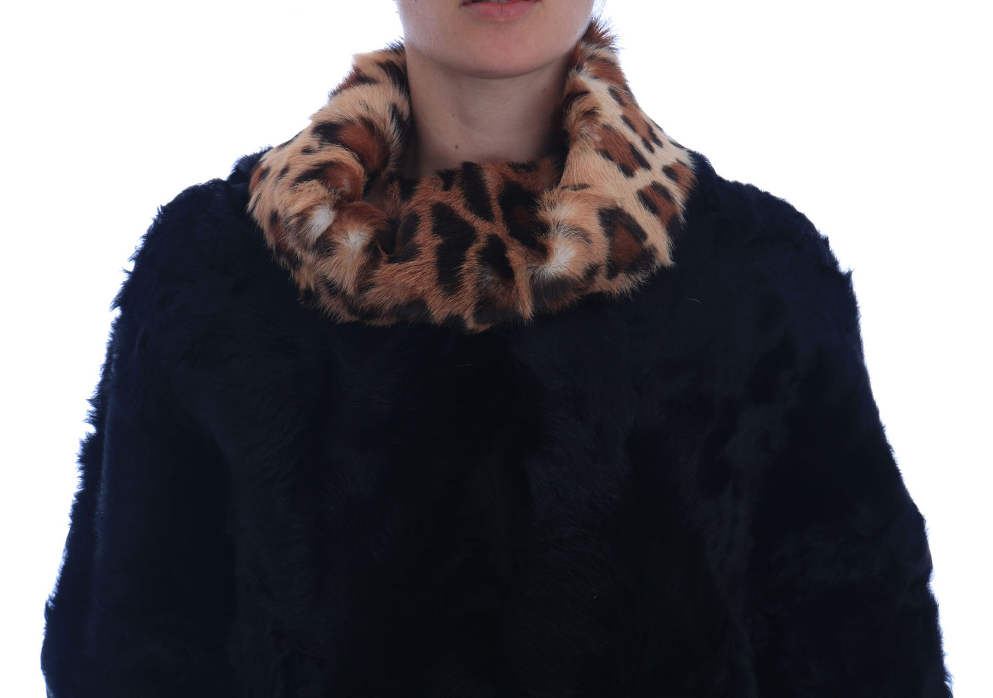 Dolce & Gabbana Black Lamb Leopard Print Fur Coat Jacket