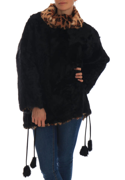 Dolce & Gabbana Black Lamb Leopard Print Fur Coat Jacket