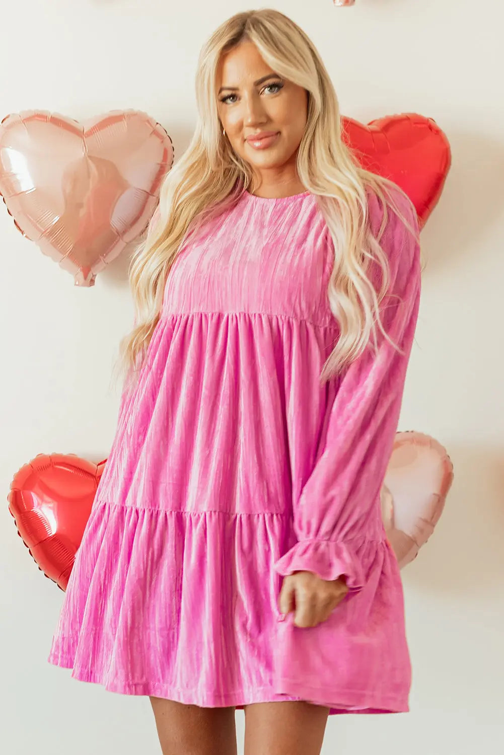 Strawberry Pink Flounce Sleeve Tiered Ruffled Velvet Mini Dress Dear-Lover Dropshipping