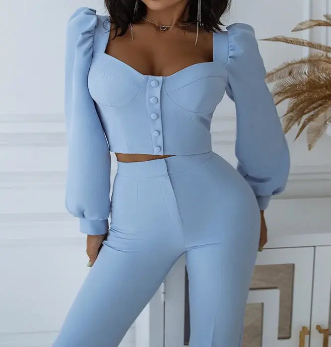 Casual Palace Style Bishop Sleeves Top Bell-bottom Pants Suit My Store
