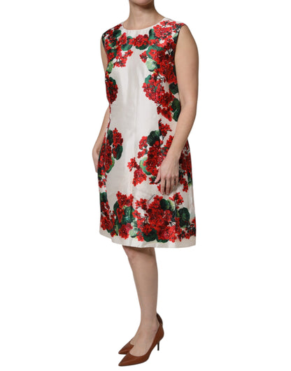 Dolce & Gabbana White Floral Printed Silk Knee Length Dress