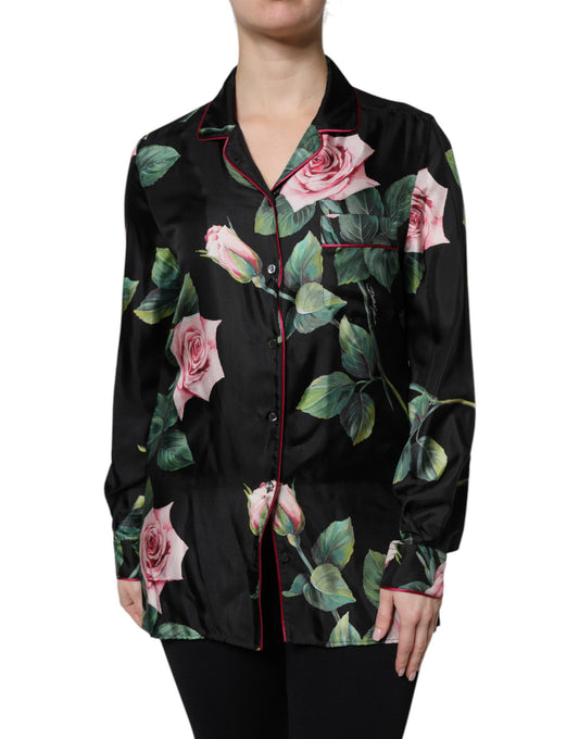 Dolce & Gabbana Black Floral Silk Lounge Sleepwear Blouse Top