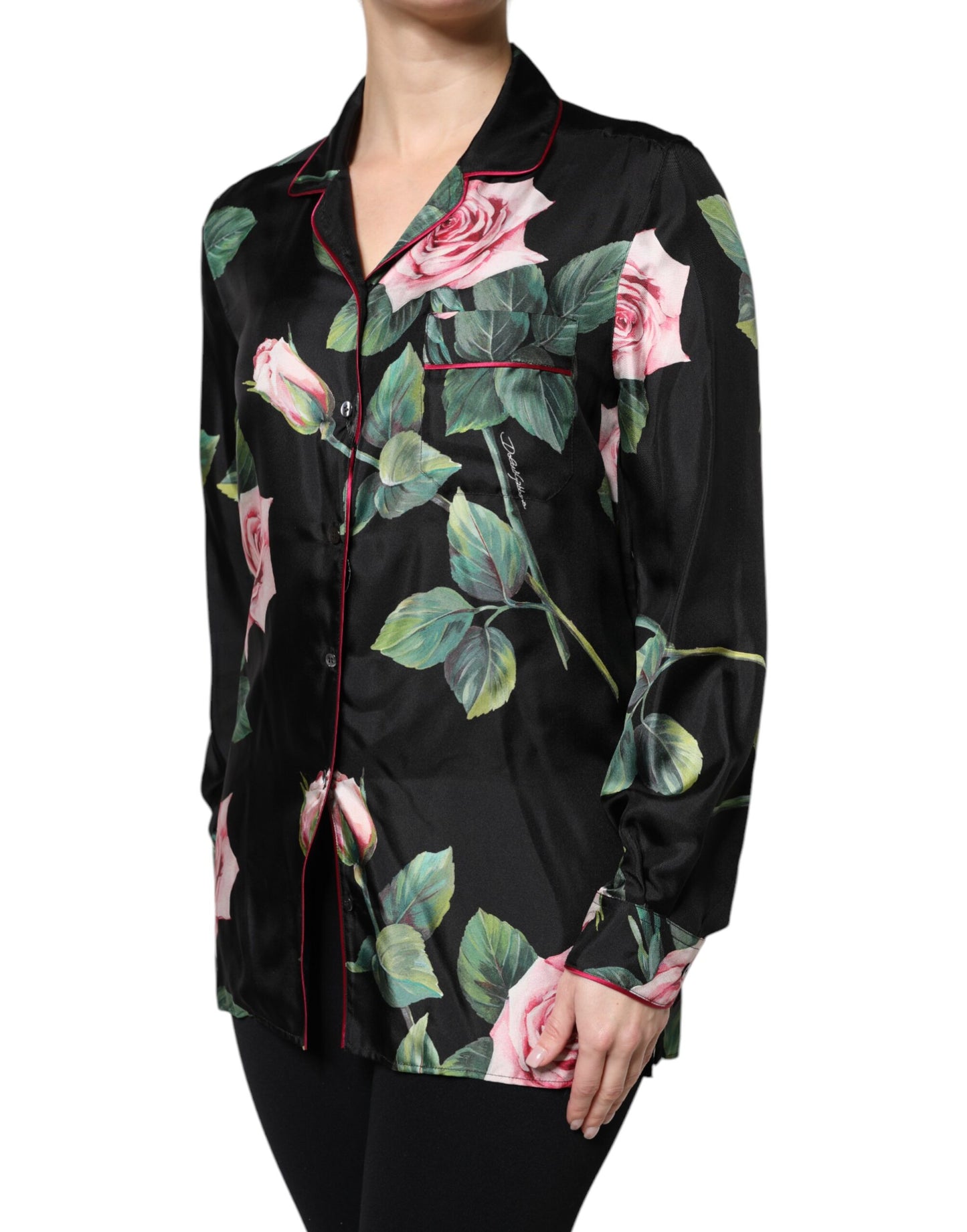 Dolce & Gabbana Black Floral Silk Lounge Sleepwear Blouse Top