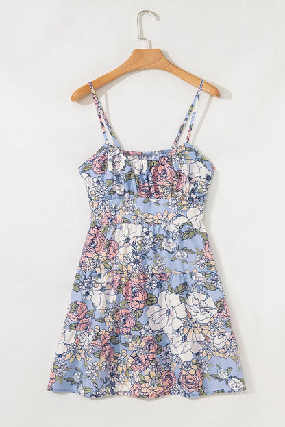 Sky Blue Floral Tiered Patchwork Spaghetti Strap Vacation Dress Dear-Lover Dropshipping