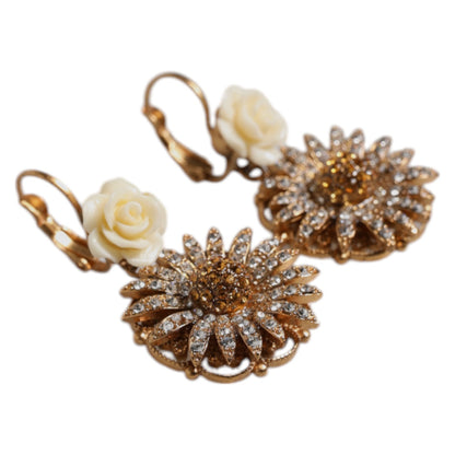 Dolce & Gabbana White Floral Clear Crystal Brass Dangling Jewelry Earrings