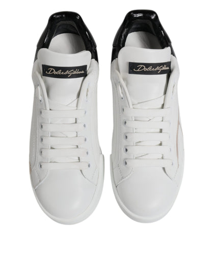 Dolce & Gabbana White Black Leather Low Top Sneakers Shoes