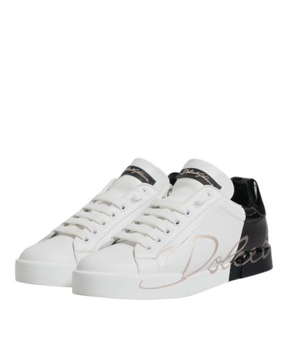Dolce & Gabbana White Black Leather Low Top Sneakers Shoes