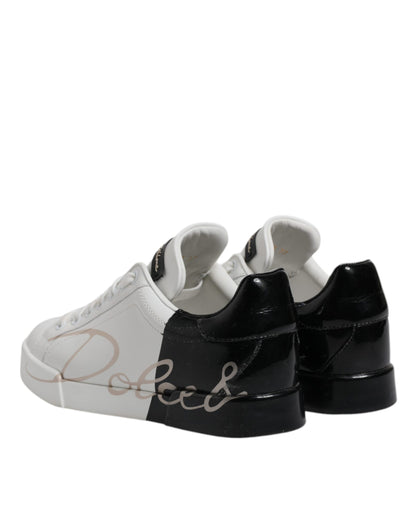 Dolce & Gabbana White Black Leather Low Top Sneakers Shoes