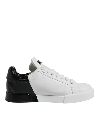 Dolce & Gabbana White Black Leather Low Top Sneakers Shoes