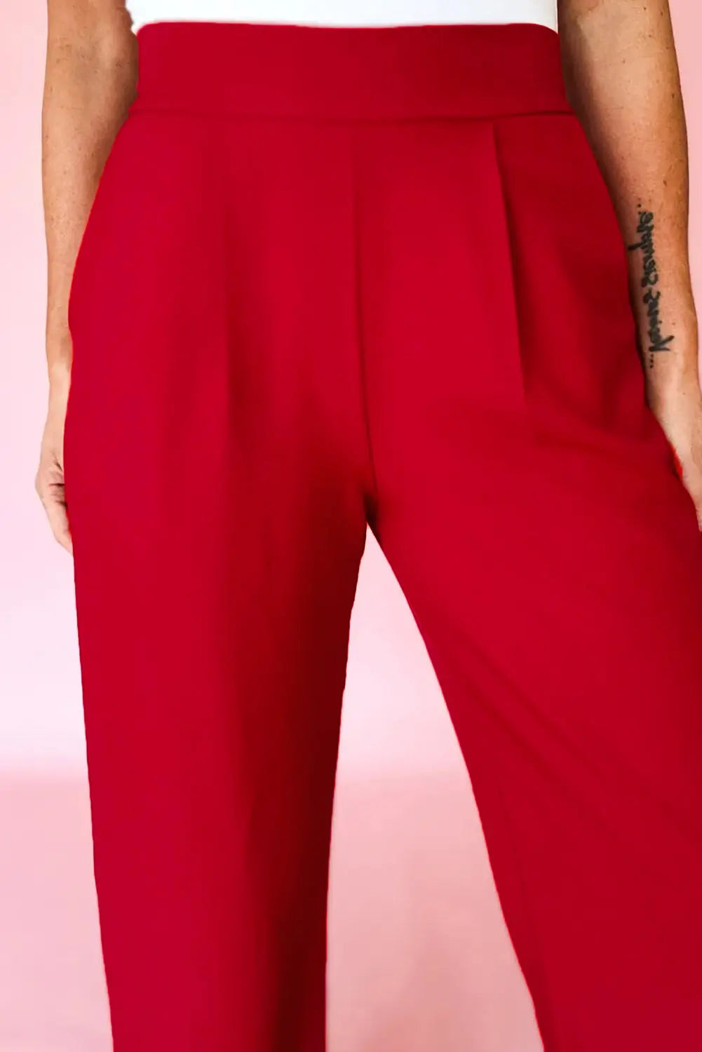 Fiery Red Pleated Detail Pull On High Elastic Waist Loose Straight Pants Dear-Lover Dropshipping