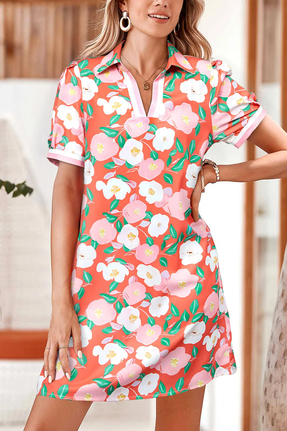 Fresh Salmon Floral Print Contrast Striped Trim Polo Collar T Shirt Dress Dear-Lover Dropshipping