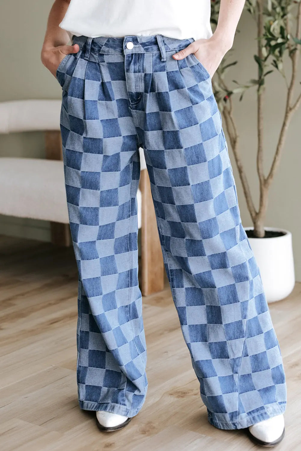 Dark Grey Checkered Denim Wide Leg Jeans Dear-Lover Dropshipping