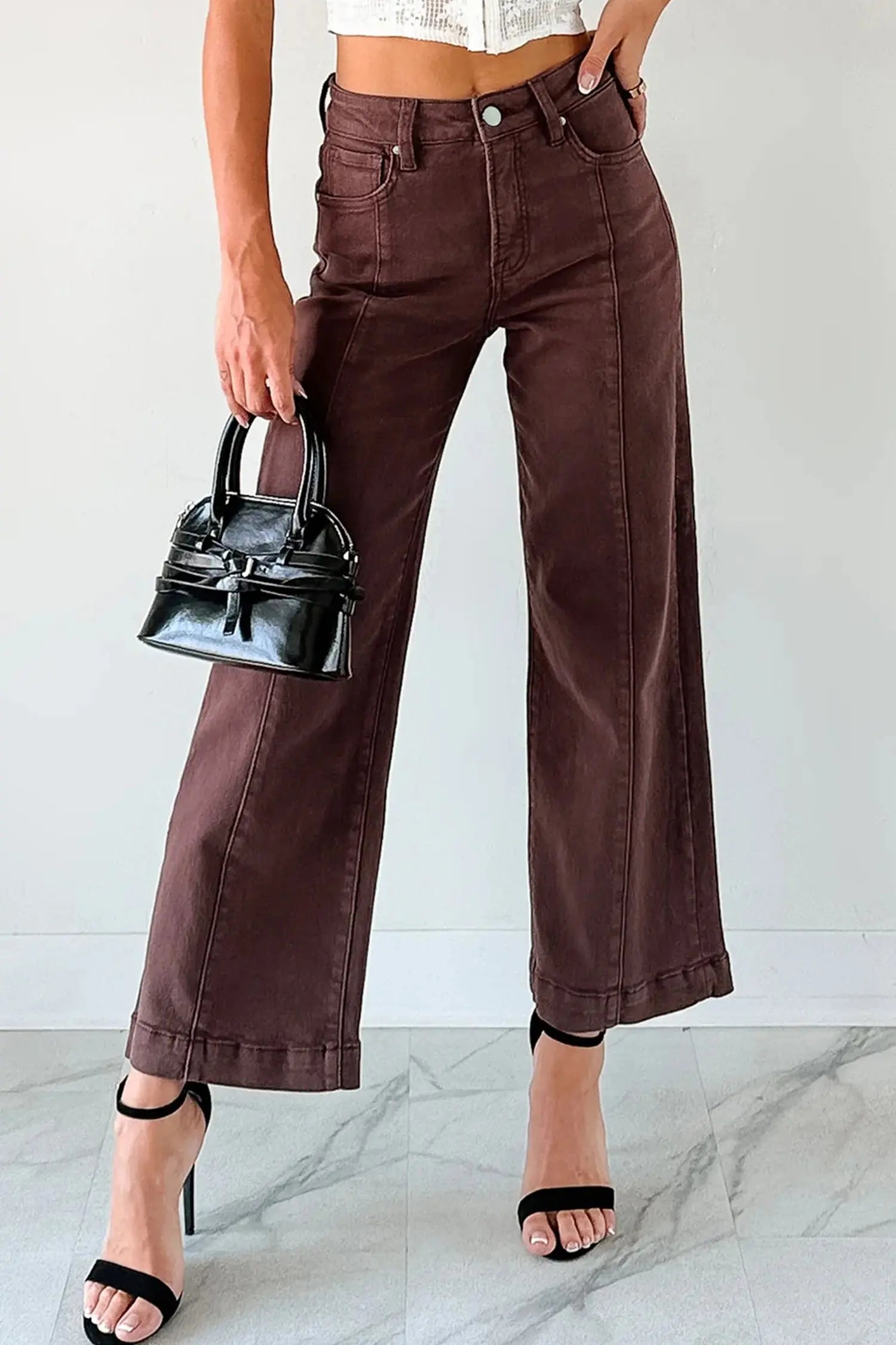 Red Sandalwood Solid Color Seamed Center Wide Leg Cropped Jeans Dear-Lover Dropshipping
