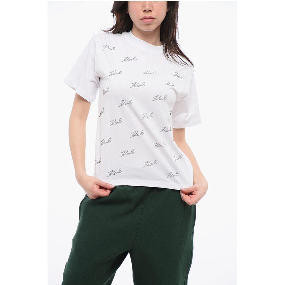 Karl Lagerfeld All-Over Rhinestone Logo Cotton Crew-neck T-shirt